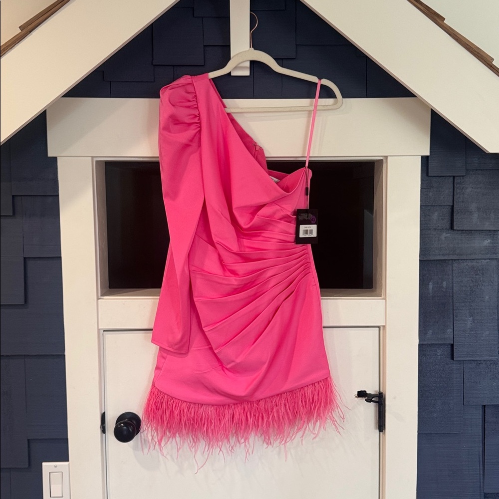 Mac Duggal Pink One Shoulder Feather Hem Mini Dress Size 6 NWT - Picture 2 of 6